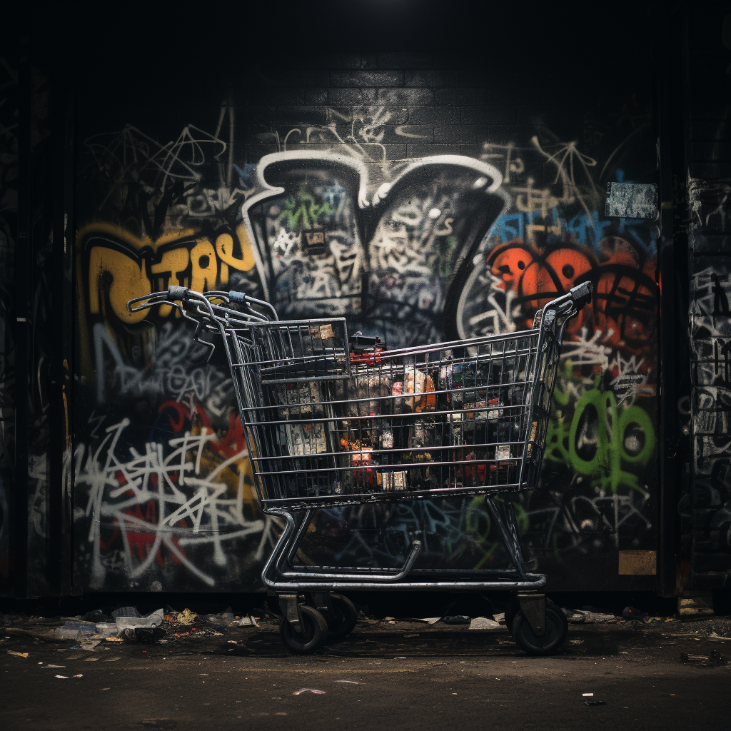 dark street art featuring shopping trolly